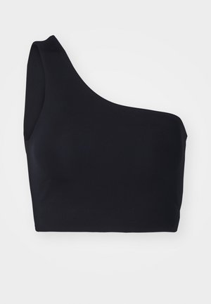 Haut noir à une épaule en tissu lisse et extensible. Présente une coupe ajustée et un décolleté asymétrique, sans accents supplémentaires.