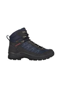 Halbhohe Wanderschuhe in Dunkelblau und Schwarz, mit einem Obermaterial aus Mesh, Gummisohle und Metallösen sowie einem strukturierten Muster an den Seiten.