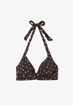 Top de bikini negru cu buline albe, cu legături la gât și un detaliu cu nod în partea din față, în centru.