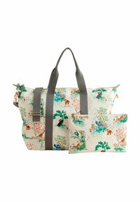 Borsa in tela con manici grigi, caratterizzata da una stampa colorata di animali della foresta, include una pochette coordinata. Accenti di verde, marrone e rosa.