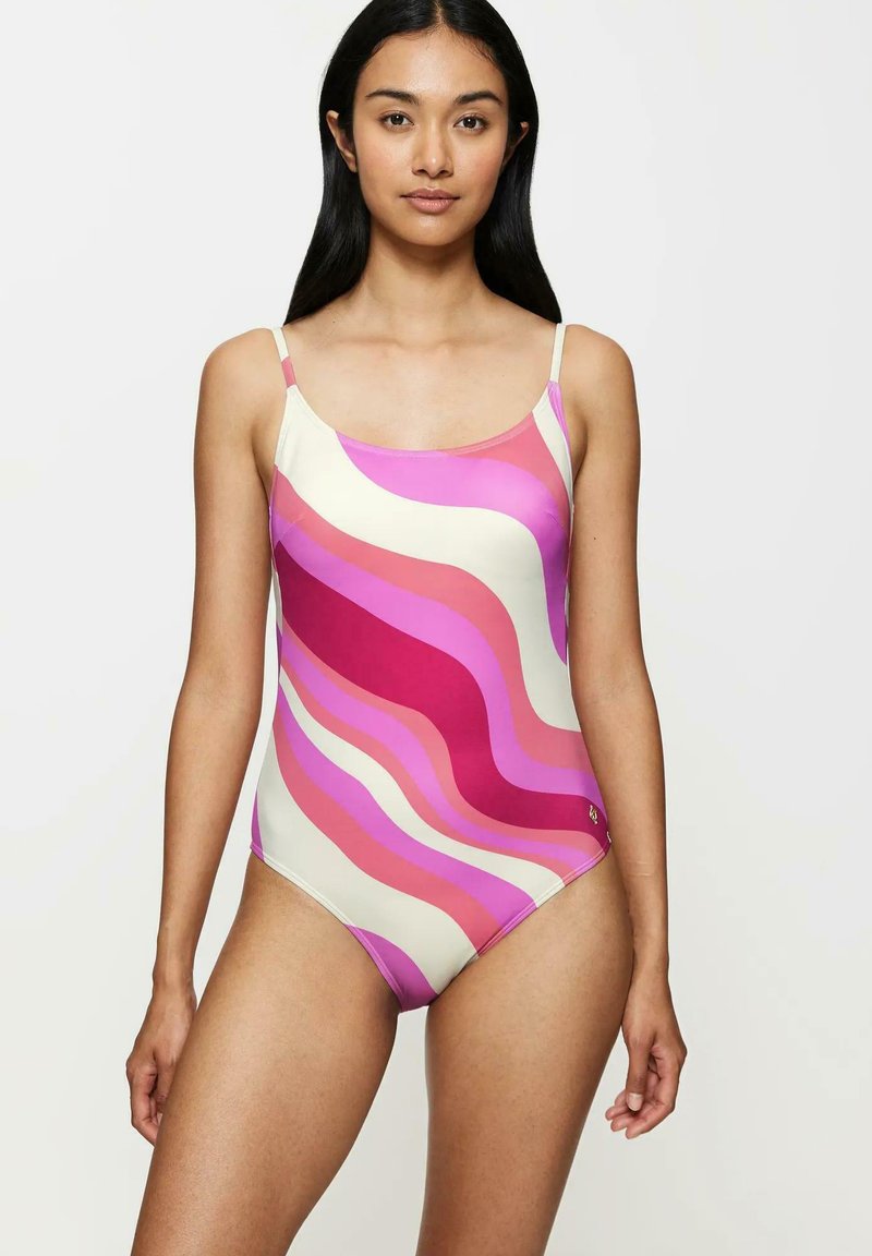 Einfarbiger Badeanzug mit rosa, lila und cremefarbenen wellenförmigen Streifen. Verfügt über schmale Träger und einen glatten, elastischen Stoff für Komfort.