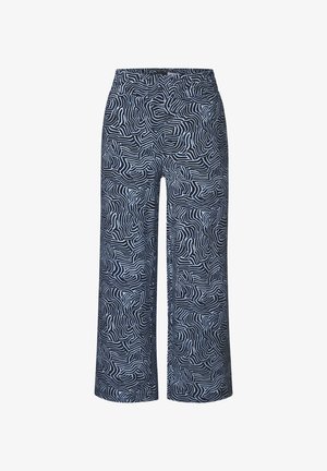 Wijde broek met een marineblauwe basis en witte golvende lijnen. Gemaakt van een zachte stof met een elastische tailleband voor comfort.