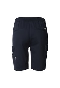 Shorts cargo bleu marine avec une ceinture élastique, deux poches à l'arrière et des poches cargo sur les côtés. Confectionnés en tissu doux et texturé.