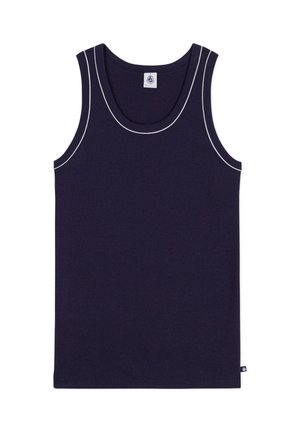 Navy blue ribbed tank top with a round neckline, white contrast stitching along the edges, and a small brand label at the hem.