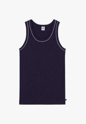 Navy blue ribbed tank top with a round neckline, white contrast stitching along the edges, and a small brand label at the hem.