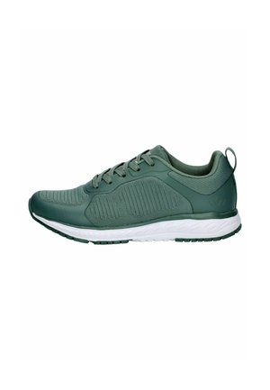 Dark green athletic sneaker with mesh fabric, laces, cushioned white sole, and pull tab at heel shown from outer side on white background.