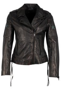 Schwarze Leder-Bikerjacke mit Reißverschluss vorne, Schulterklappen und grünen Sternapplikationen auf den Schultern. Verfügt über eine gesteppte Textur und verstellbare Seitenschnüre.