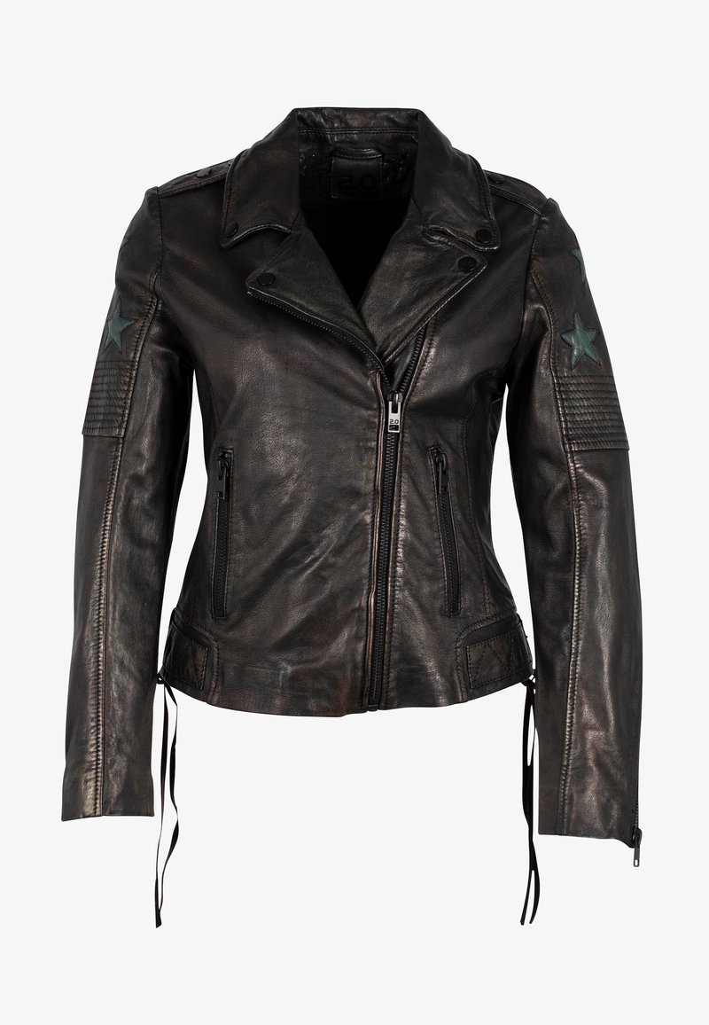 Schwarze Leder-Bikerjacke mit Reißverschluss vorne, Schulterklappen und grünen Sternapplikationen auf den Schultern. Verfügt über eine gesteppte Textur und verstellbare Seitenschnüre.