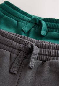 Pantalons de survêtement verts et gris avec tailles élastiques ; le vert est doté d'un cordon de serrage noué, et les deux présentent un tissu doux et texturé.