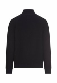 Dunkelblauer strukturierter Pullover mit hohem Kragen, langen Raglanärmeln und gerippten Bündchen, die ein Gittermuster zeigen. Rückansicht angezeigt.