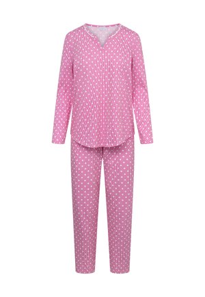 Langärmeliges Pyjama-Set mit V-Ausschnitt in Rosa mit weißen Punkten. Enthält eine passende lange Hose mit gestreiftem Muster. Weiche Stoffstruktur.