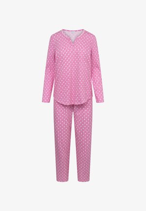 Langærmet, V-hals pyjamassæt i lyserød med hvide polkaprikker. Indeholder et matchende par lange bukser med mønster af striber. Blød stoftekstur.