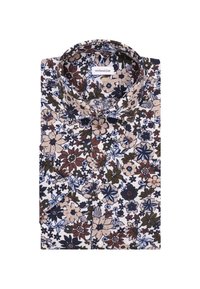 Camicia a bottoni floreale con fiori multicolori su sfondo bianco. Tessuto morbido, colletto classico e bottoni frontali.