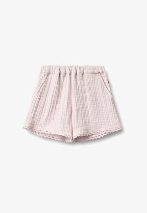 Lyserøde bløde bomuldsshorts med elastisk taljebånd, sidelommer, diskret lodret tekstur og bølget blonderkant ved kanten.