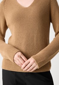 Pull en laine brun tricoté avec un col en V, texture côtelée, manches longues et taille ajustée, offrant une sensation douce et confortable.