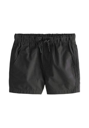 Zwarte casual shorts met elastische tailleband en zwart trekkoord, met zijzakken en eenvoudige stikdetails.