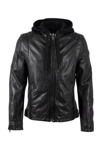 Giacca in pelle nera con zip frontale, dettagli a coste sulle spalle e cappuccio nero removibile con cordini. Due tasche laterali con zip.