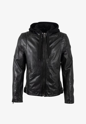 Veste en cuir noir avec zip sur le devant, détails côtelés aux épaules et capuche noire amovible avec cordons de serrage. Deux poches latérales zippées.