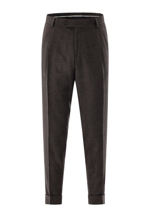 Dark gray tailored men's dress pants with buttoned waistband and cuffed hems, displayed front-facing against white background.