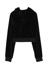 Hoodie cropped in velluto nero con maniche lunghe, polsini e vita a coste, mostrato da dietro su uno sfondo bianco.