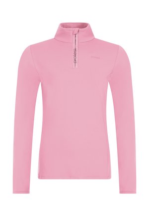 Lichtroze lange mouwen pullover met een halve ritssluiting, gemaakt van zachte stof. Bevat een klein logo op de voorkant en een getailleerde pasvorm.