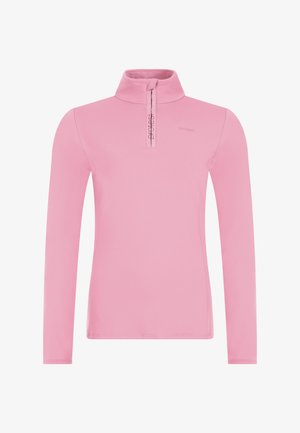 Lichtroze lange mouwen pullover met een halve ritssluiting, gemaakt van zachte stof. Bevat een klein logo op de voorkant en een getailleerde pasvorm.