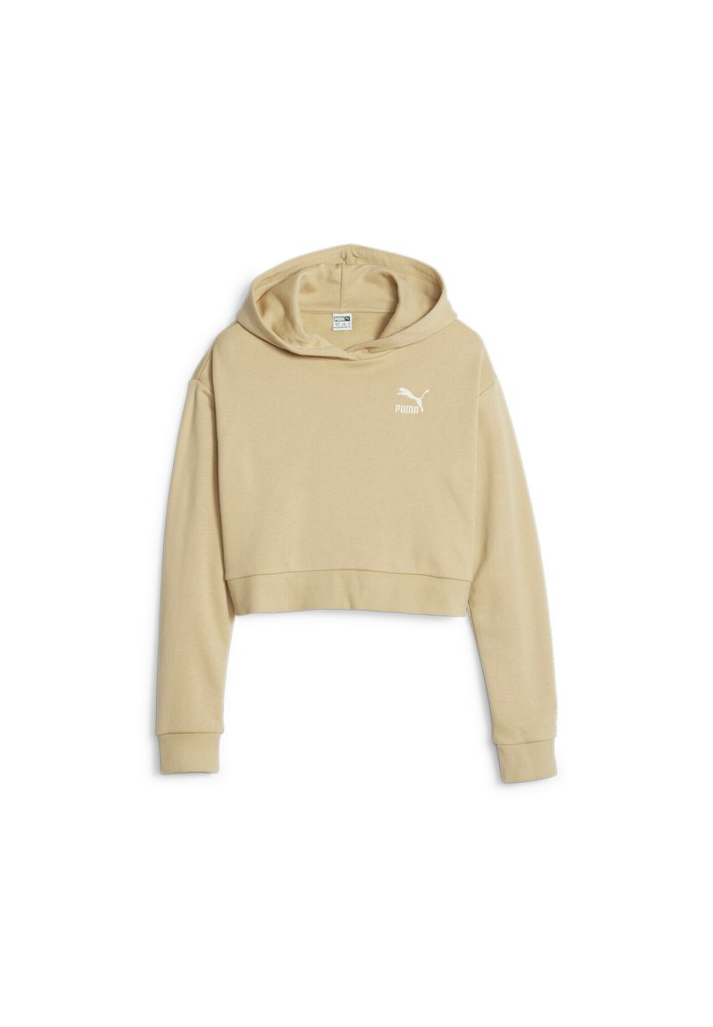 Haut en beige coupé, fabriqué en tissu doux, avec une poche kangourou, une capuche à cordon et un logo Puma blanc sur la poitrine.
