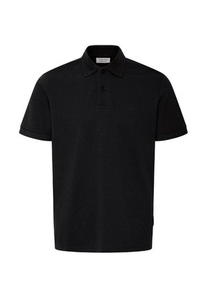 Črna polo srajca s kratkimi rokavi, dvema črnima gumboma, zloženo ovratnico in majhnim tonalnim logotipom na levi strani prsnega koša.