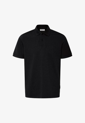 Črna polo srajca s kratkimi rokavi, dvema črnima gumboma, zloženo ovratnico in majhnim tonalnim logotipom na levi strani prsnega koša.