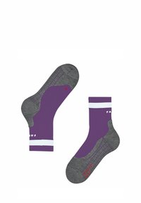 Fioletowo-szare skarpetki w paski z logo. Posiadają wzmocnioną piętę i palce, wykonane z miękkiego, elastycznego materiału.