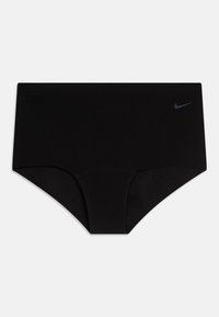 Czarny bikini dolny o wysokim stanie. Wykonany z gładkiego materiału o eleganckim kroju. Na przodzie znajduje się subtelne szare logo Nike.