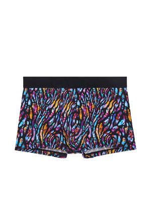 Męskie bokserki z czarną gumką w pasie oraz żywym, abstrakcyjnym wzorem w kolorach niebieskim, fioletowym, pomarańczowym i różowym.