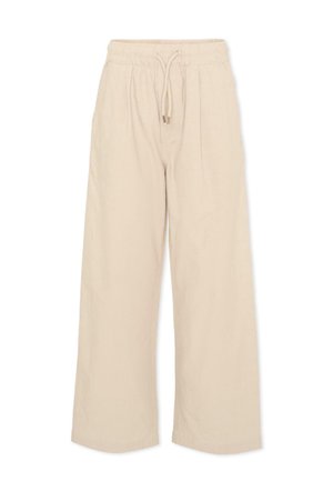 Beżowe spodnie o szerokich nogawkach z elastycznym pasem i sznurkiem, wykonane z lekkiego materiału, zaprojektowane do codziennego noszenia.