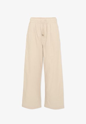 Pantaloni beige a gamba larga con fascia elastica in vita e coulisse, realizzati in tessuto leggero, pensati per un abbigliamento casual.