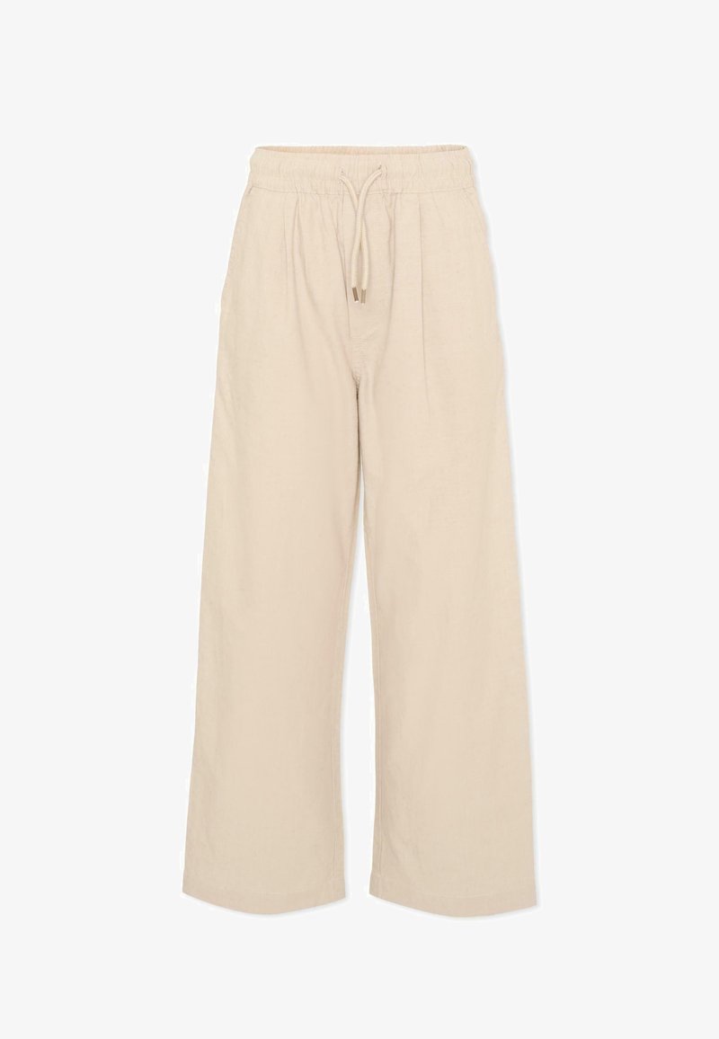 Pantalon beige à jambes larges avec taille élastique et cordon de serrage, en tissu léger, conçu pour un usage décontracté.
