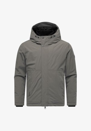 Grau wasserabweisende Jacke mit Kapuze, ausgestattet mit einem Frontreißverschluss, zwei Seitentaschen und elastischen Bündchen für zusätzliche Wärme.