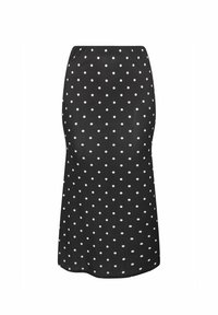 Musta hame, jossa on istuva siluetti ja valkoisia pilkkuja. Sujuva kangas, jossa joustava vyötärökaista mukavuutta varten.