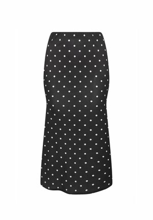Jupe noire avec une silhouette ajustée, affichant un motif à pois blancs. Tissu lisse avec une taille élastique pour plus de confort.