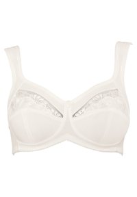 Weißer BH mit blumenförmiger Spitze, breiten verstellbaren Trägern, geformten Cups und einer mittigen dekorativen Schleife. Glattes Material mit weicher Textur.
