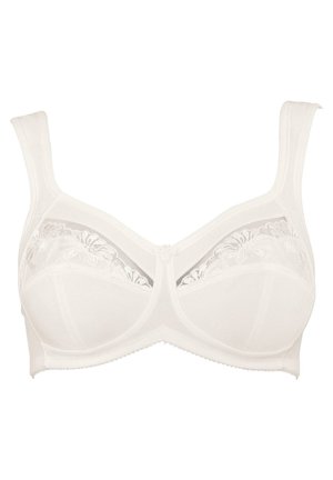 Witte bh met bloemenkant en brede verstelbare bandjes, gevormde cups en een centraal decoratieve strik. Zachte stof met een gladde textuur.