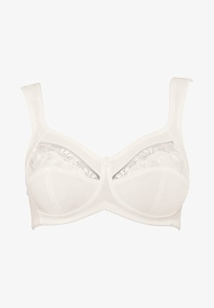 Witte bh met bloemenkant en brede verstelbare bandjes, gevormde cups en een centraal decoratieve strik. Zachte stof met een gladde textuur.