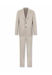 Completo beige chiaro con sottili righe verticali. Giacca strutturata con collo a punta e due bottoni, abbinata a pantaloni slim-fit. Tessuto liscio.