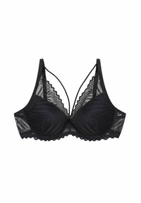 Czarny koronkowy biustonosz z fakturowanym kwiatowym wzorem, miseczkami z drutem, oraz wieloma cienkimi ramiączkami; falbany na krawędziach miseczek i obwodu.