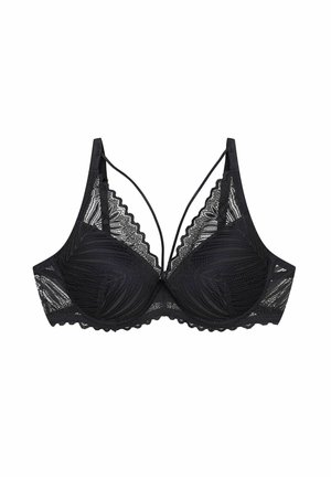 Czarny koronkowy biustonosz z fakturowanym kwiatowym wzorem, miseczkami z drutem, oraz wieloma cienkimi ramiączkami; falbany na krawędziach miseczek i obwodu.