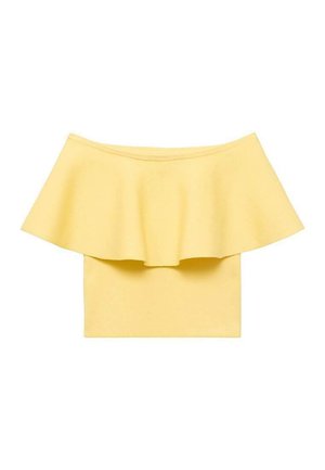 Gelbes Off-Shoulder-Oberteil mit weitem Rüscheneinsatz und tailliertem Oberteil, auf einem weißen Hintergrund präsentiert.