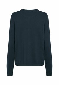 Pulover lung cu mâneci lungi de culoare bleumarin închis, cu guler rotund și o textură netedă. Prezintă un design simplu, fără modele sau accente vizibile.