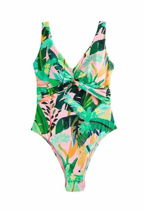 Einteiler-Badeanzug mit tropischem Blatt- und Vogeldruck, der vorne ein verdrehtes Knotendetail und breite Schultergurte auf einem hellrosa Hintergrund aufweist.