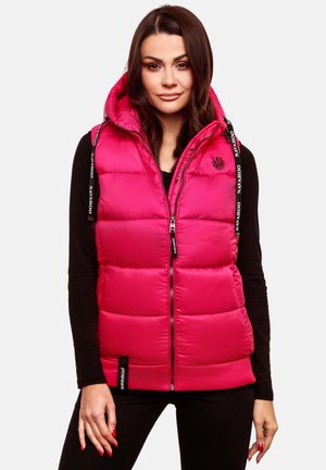 Pink puffer vest with a hood, zip closure, and side pockets. Features logo on the chest and drawstring on the hood, smooth texture.