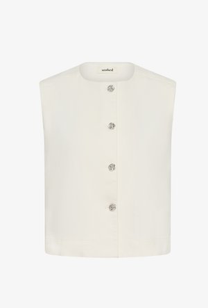 Weißes ärmelloses Oberteil mit rundem Ausschnitt und vier verzierten silbernen Knöpfen vorne, Etikett mit der Aufschrift "soaked" im Krageninneren.