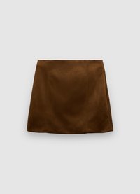 Brown suede mini skirt with a smooth texture, featuring a tailored design and subtle stitching details, finished at mid-thigh length.